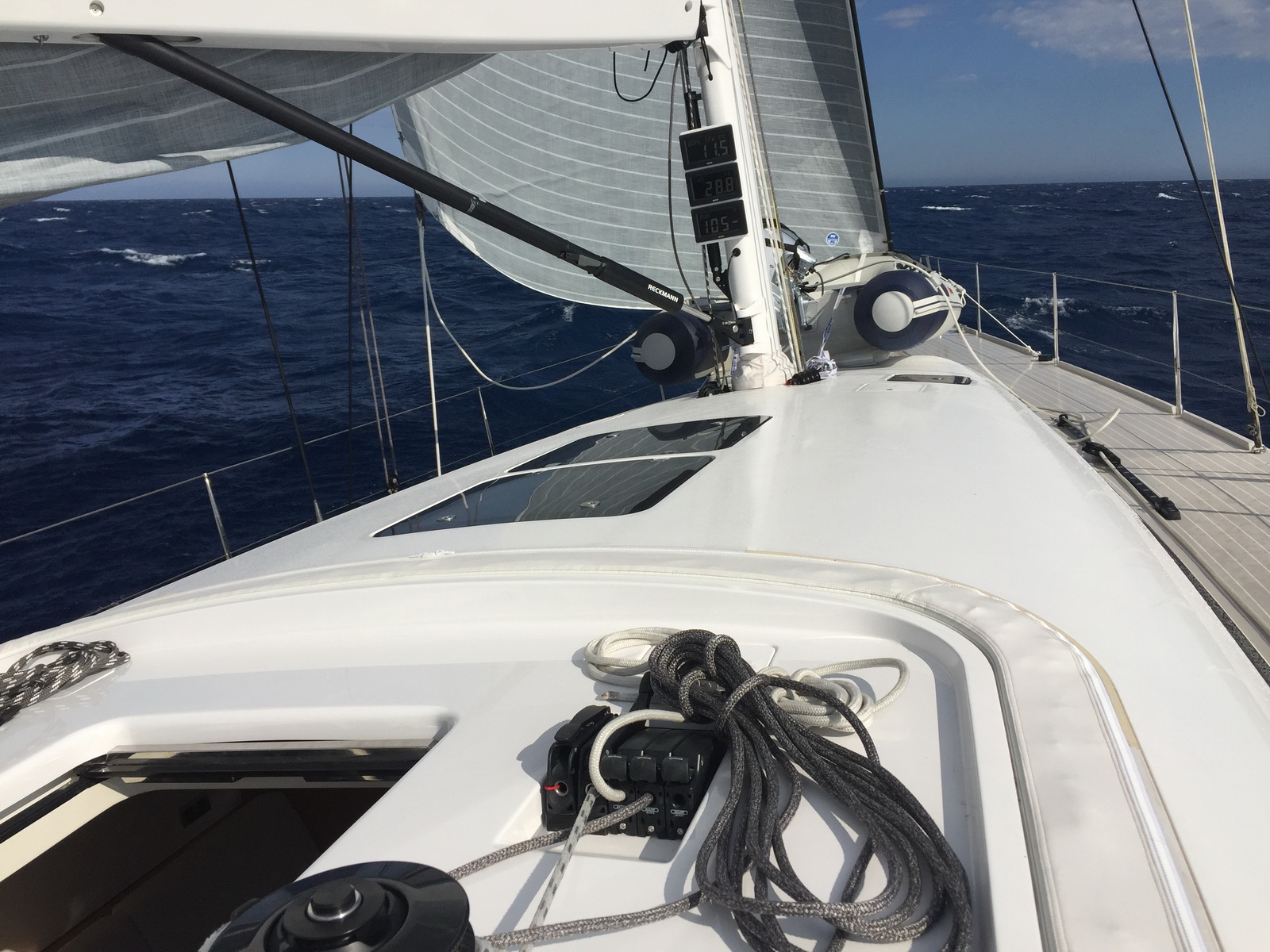 Teak foredeck and sailing hardware aboard the Swan 60