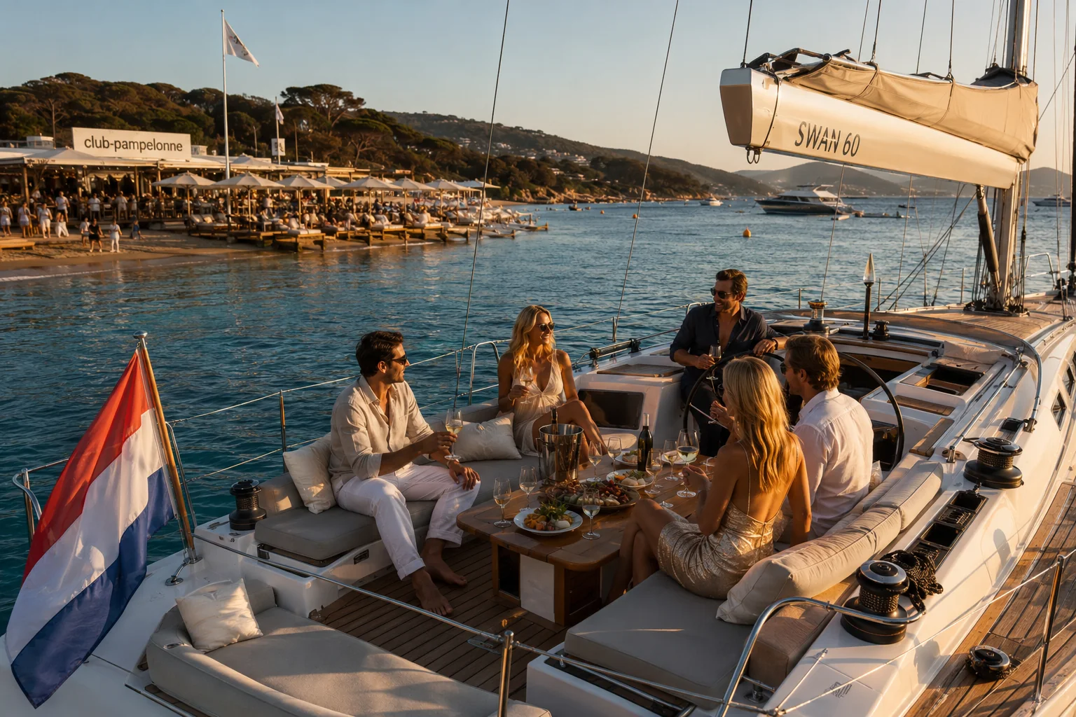 Guests dining aboard a Swan 60 anchored close to a busy Pampelonne beach club