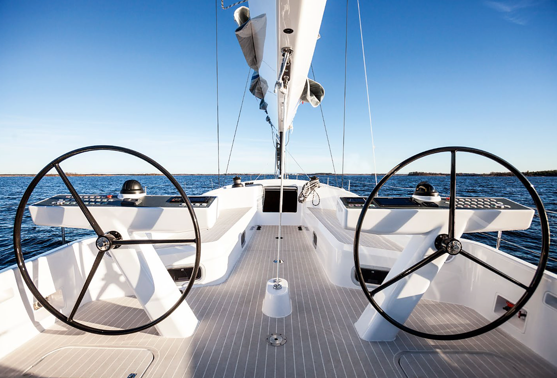 Twin helm stations and open teak deck aboard the Swan 60