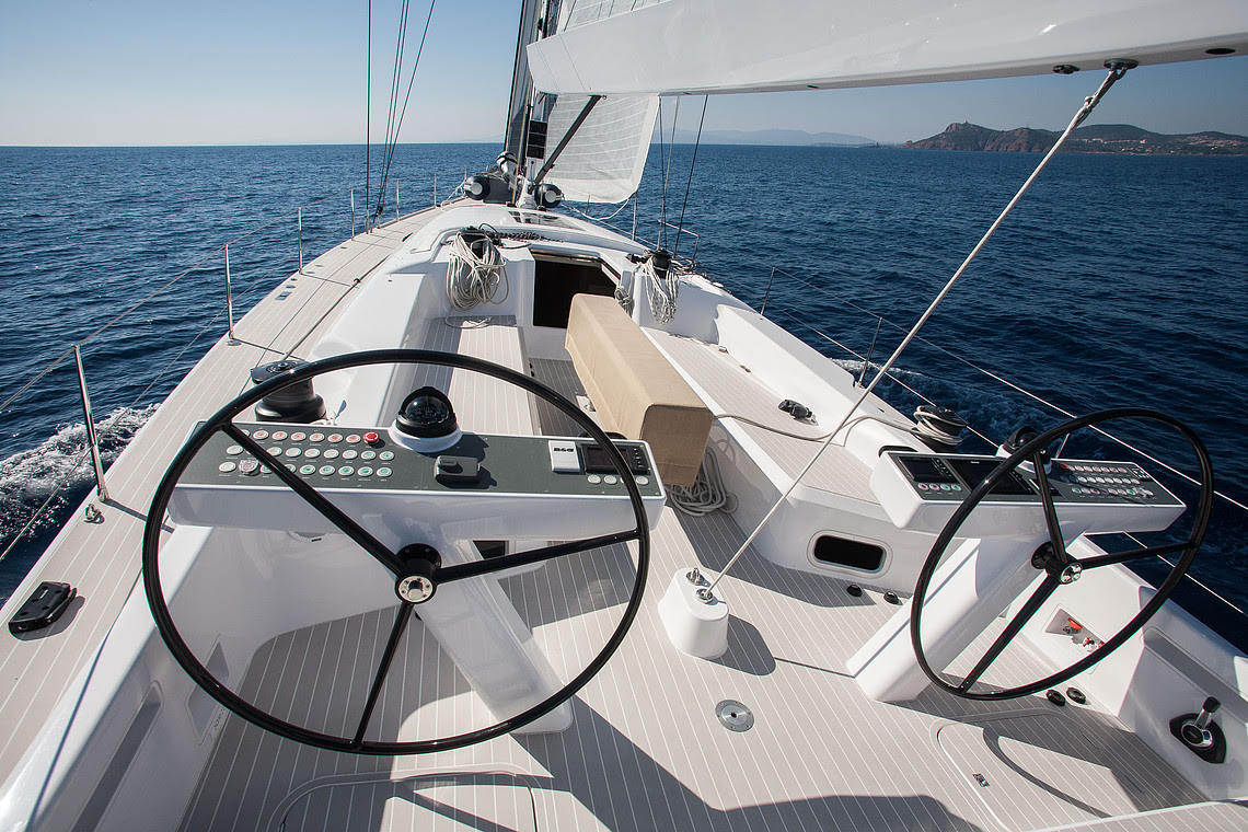 Twin helm stations on the deck of the private Swan 60