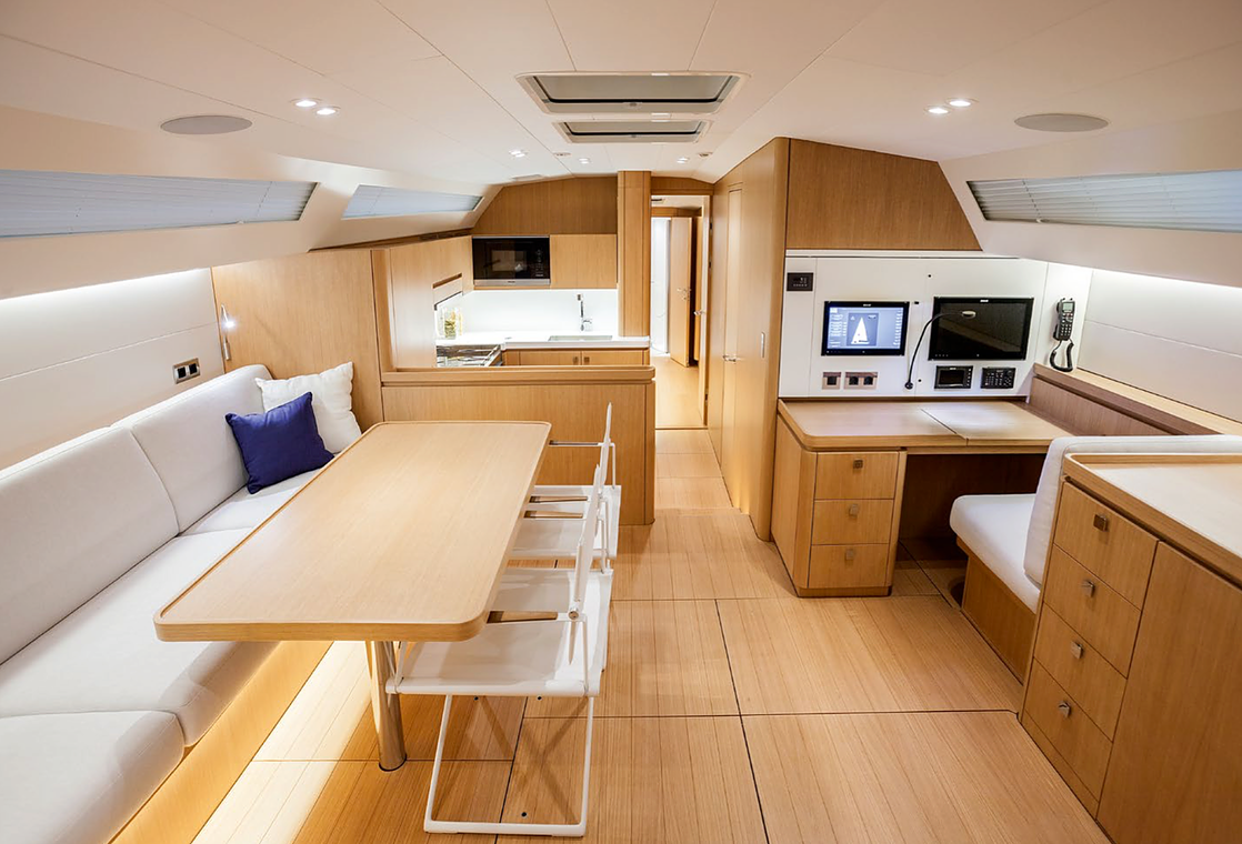 Light-filled saloon and dining area aboard the Swan 60